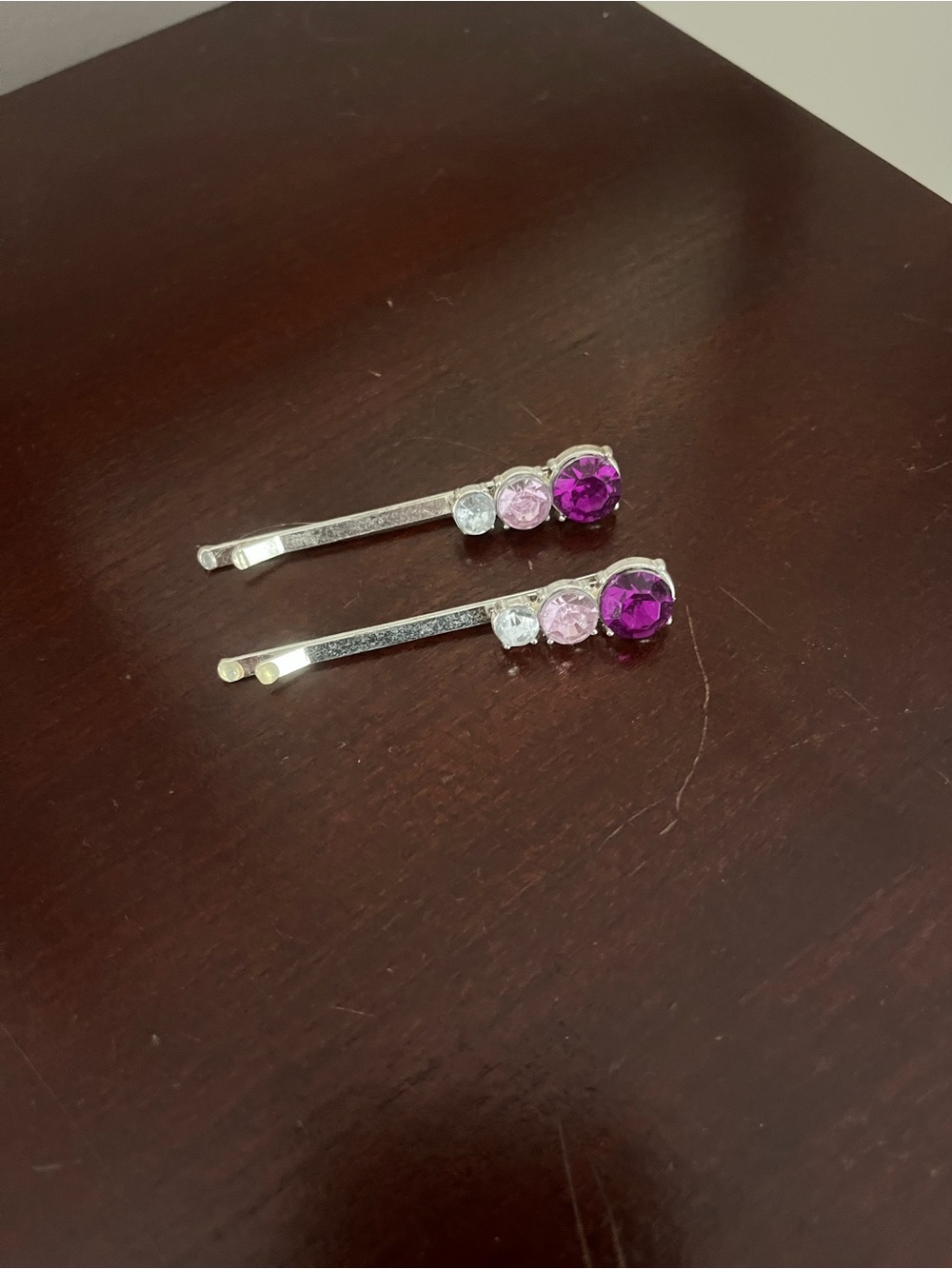 Silver Hair Bobby Pins with Purple and Pink Rhinestones